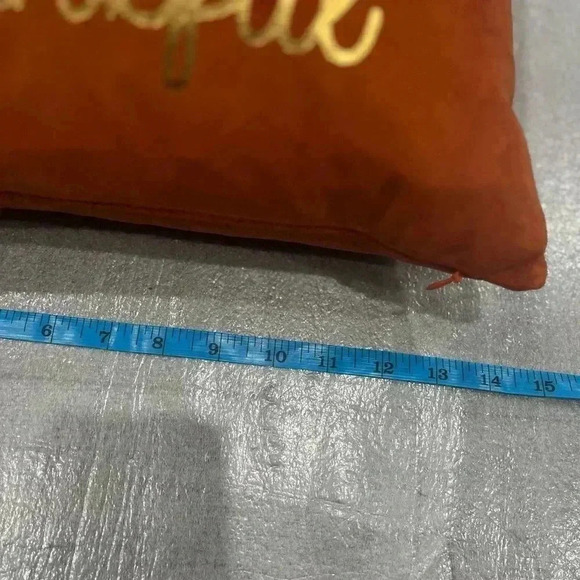 Pumpkin Red Faux Suede Fabric Pillow with Golden Maple Leaf and ‘Thankful’ Print - Picture 4 of 8